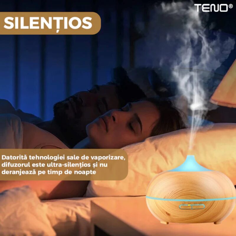 Difuzor Aromaterapie, Umidificator Silentios, 7 Culori LED, 2 Jocuri de Lumini, Control Prin Telecomanda, 500ml, TENO324