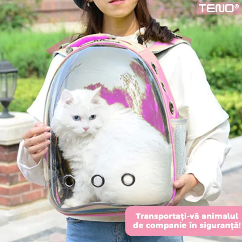 Rucsac Transport Animale, Greutate Max 7kg, Hublou Panoramic Transparent, Buzunar Lateral, 2 Iesiri, Talie Mica, TENO373