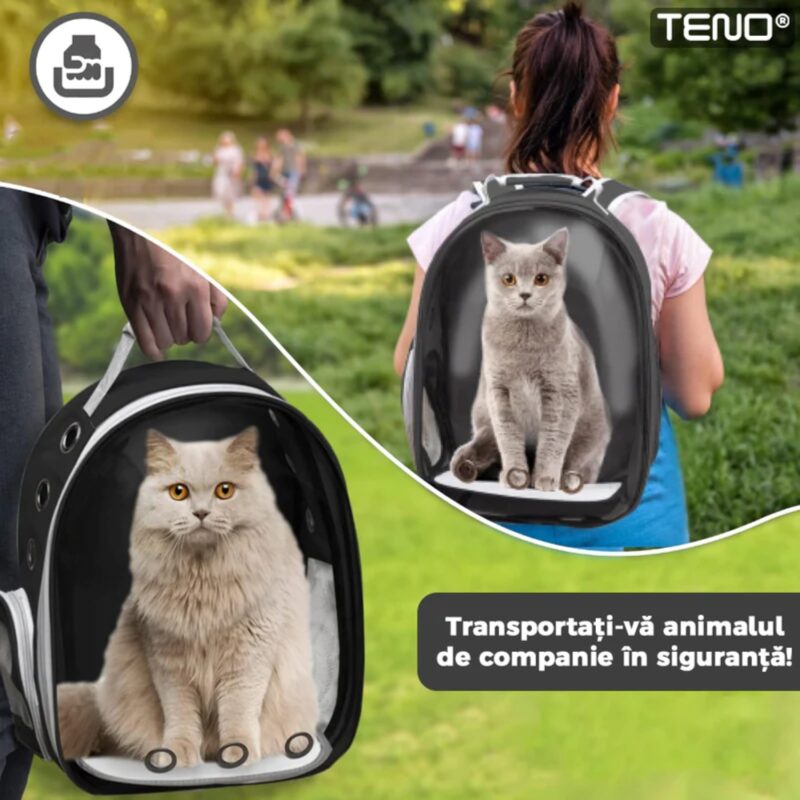 Rucsac Transport Animale, Greutate Max 7kg, Hublou Panoramic Transparent, Buzunar Lateral, 2 Iesiri, Talie Mica, TENO372