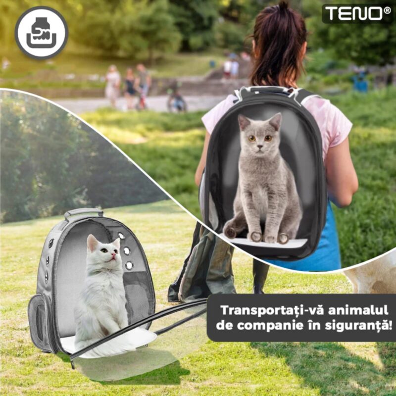 Rucsac Transport Animale, Greutate Max 7kg, Hublou Panoramic Transparent, Buzunar Lateral, 2 Iesiri, Talie Mica, Gri, TENO1099