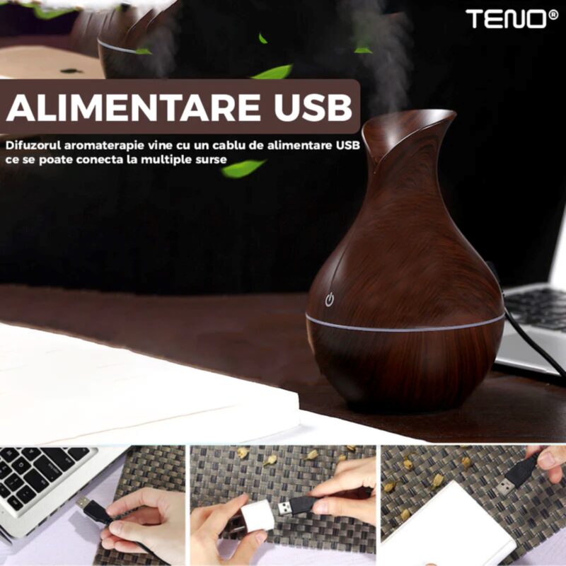 Difuzor Aromaterapie, Umidificator Silentios cu Lumini Ambientale, Control Tactil, Alimentare USB, Rezerva, Capacitate 200ml, TENO220