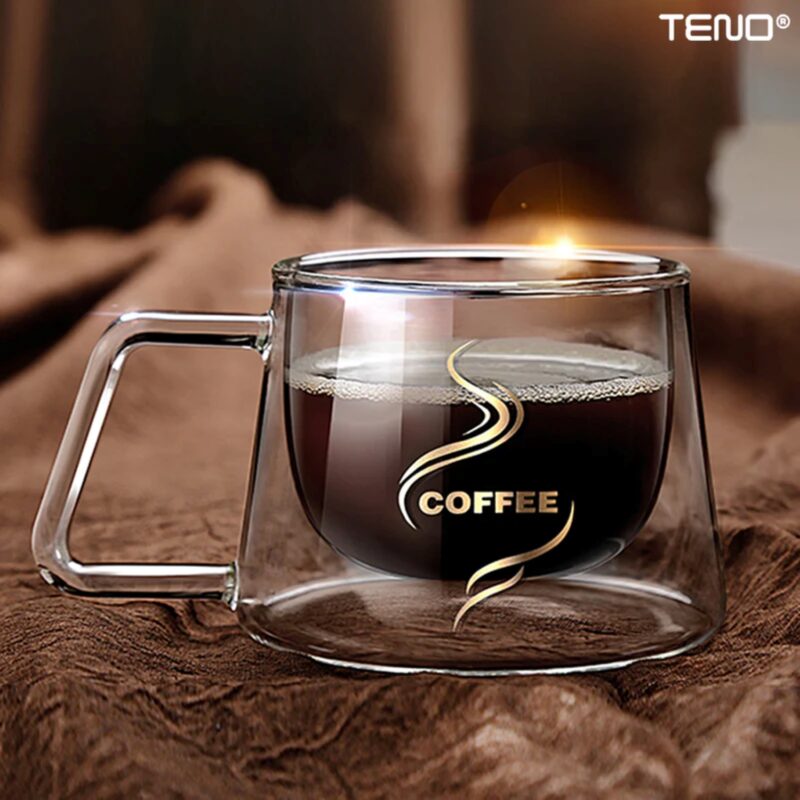 Set 2 Cani de Sticla cu Perete Dublu, Model COFFEE, Design Modern, Termorezistente, 200 ml, 12x8 cm, TENO1003