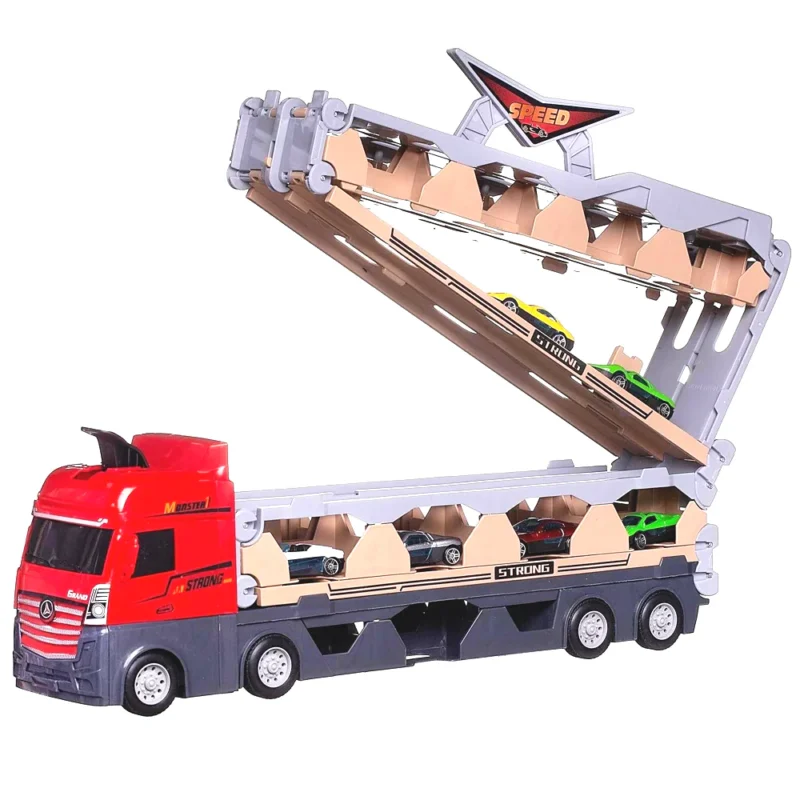 Set Camion Trailer de Jucarie pentru Transport Masinute de Curse, Tir si 8 Masini, Catapultare Vehicule, Platforma si Pista de Curse, Prelungire 2.07 m, rosu, Cod TENO530