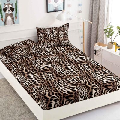 Husa Pat 1 Persoana cu Elastic, Bumbac Finet, 90 x 200 cm, Leopard, Maro/Negru, J23446