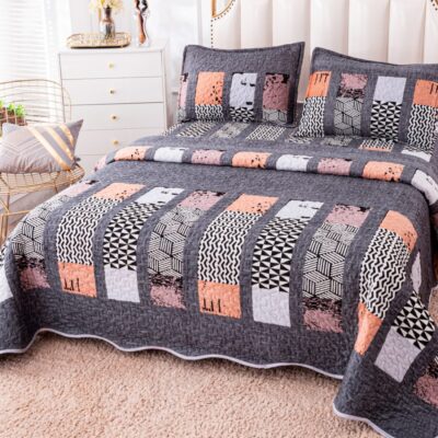 Cuvertura Pentru Pat Dublu, Catifea, 3 Piese, Forme Geometrice, Multicolor, P23724
