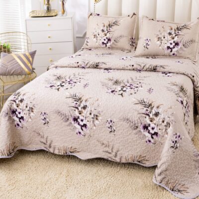 Cuvertura Pentru Pat Dublu, Catifea, 3 Piese, Floricele, Crem, P23726